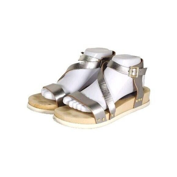 Free People Women's US8,5 EU39 Pewter Metallic Leather Wedge Strappy Sandals - Picture 1 of 16